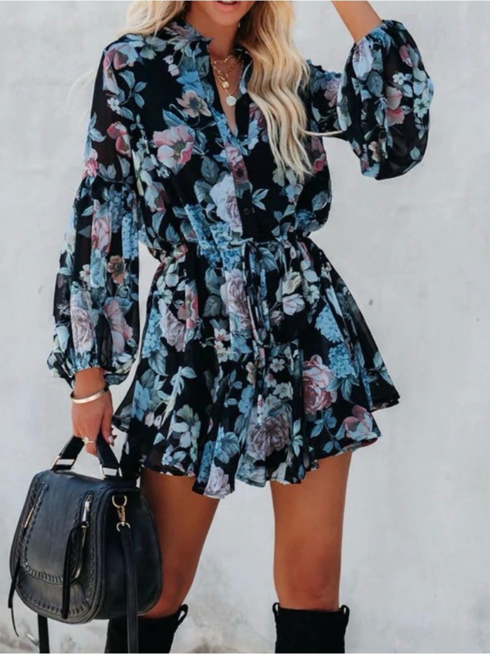 Vici Black Floral Long-Sleeve Smocked Mini Dress